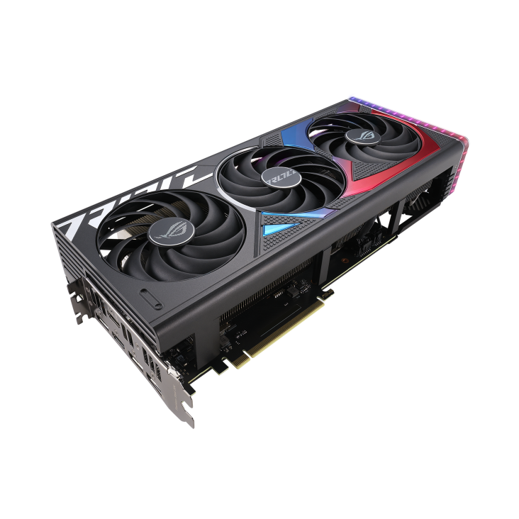 ROG Strix GeForce RTX 4070 SUPER graphics card, front angled view 2