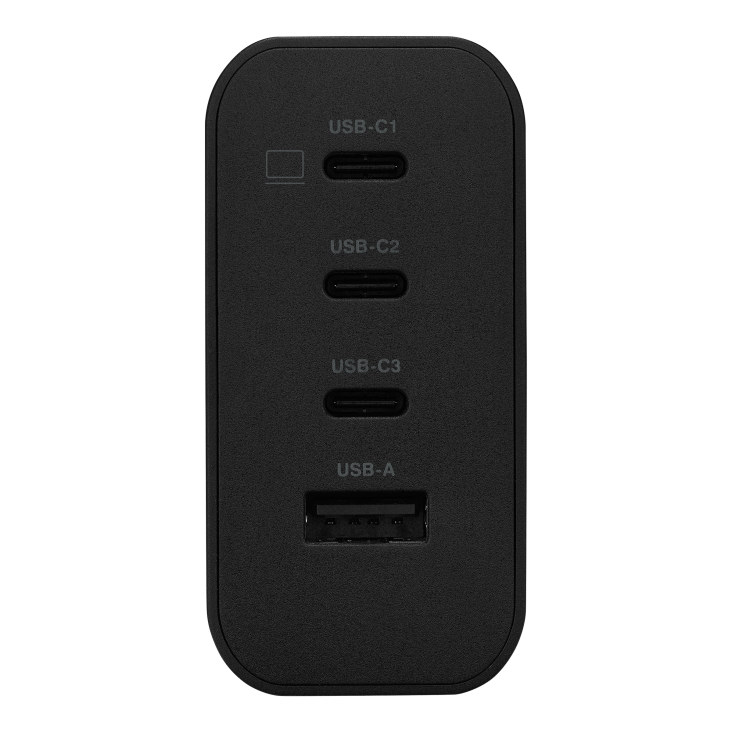 Close-up of the top view of a black USB charger showing one USB-A and three USB-C ports with labels