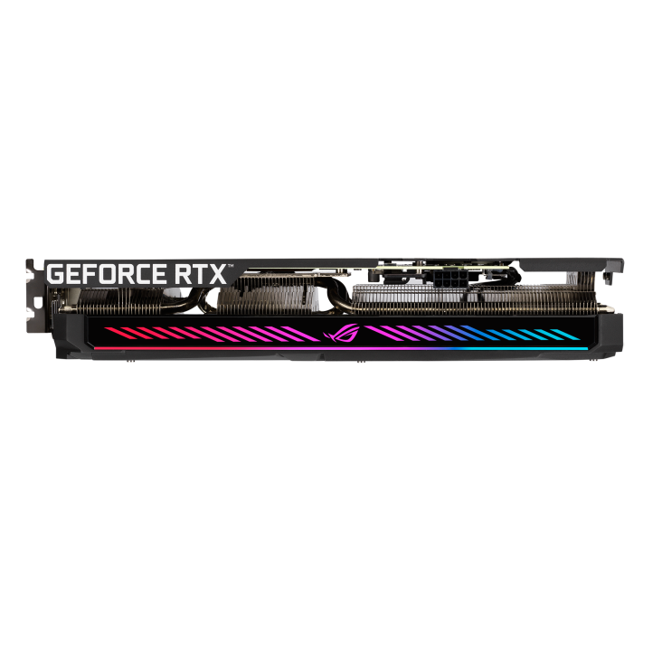 ROG Strix GeForce RTX™ 3050 OC Edition graphics card, top view, highlighting the ARGB element