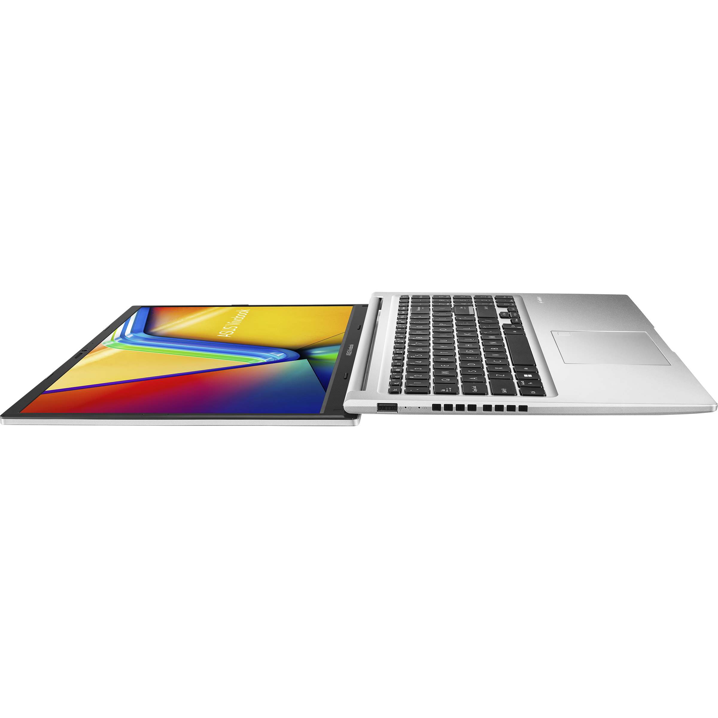 Cool Silver ASUS Vivobook 15 M1502 opens up to 180 degrees and lies flat on the surface.