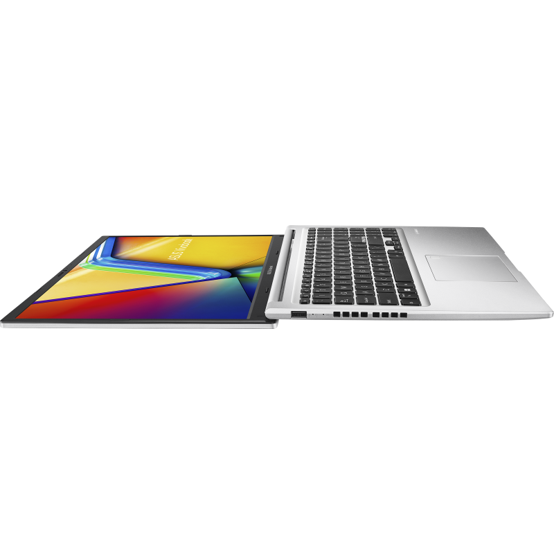 Cool Silver ASUS Vivobook 15 M1502 opens up to 180 degrees and lies flat on the surface.