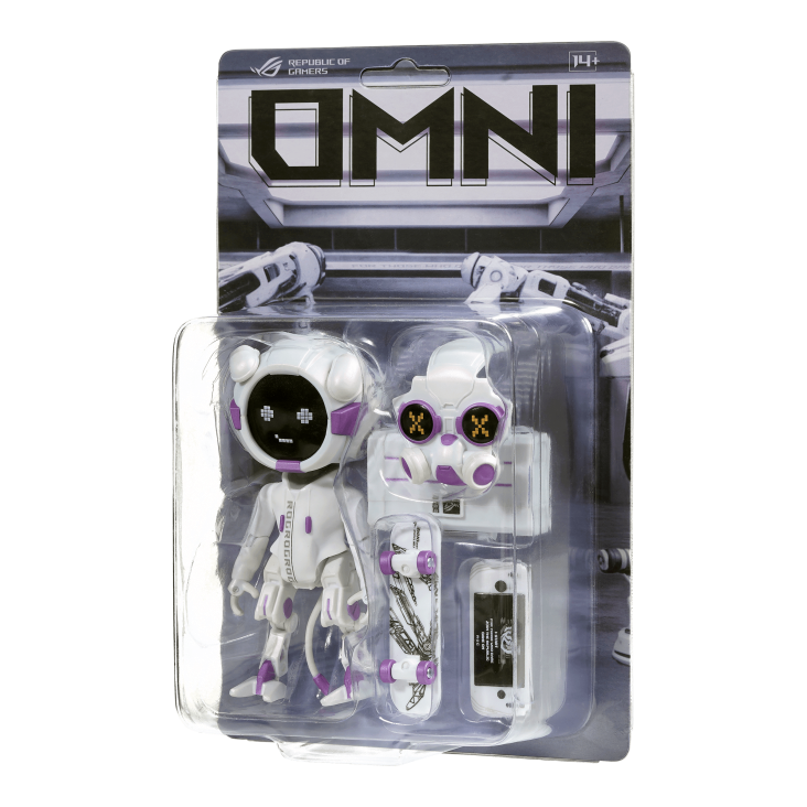 02-OMNI Figure WHITE in box with mask, tool box, rog ally and skateboard