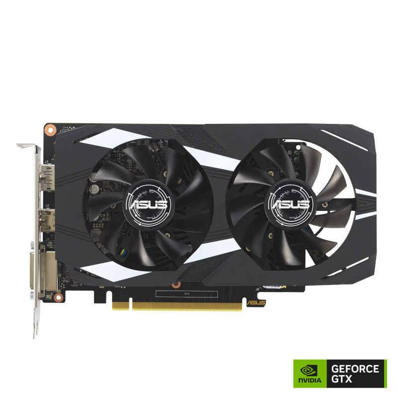 ASUS Dual GeForce GTX 1630 4GB GDDR6 graphics card with NVIDIA logo, front view