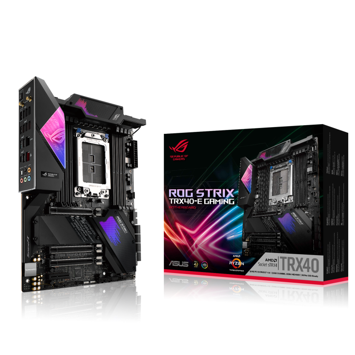 ROG Strix TRX40-E Gaming angled view from left with the box