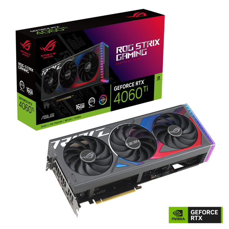 ROG STRIX GeForce RTX 4060 Ti 16GB packaging and graphics card with NVidia logo