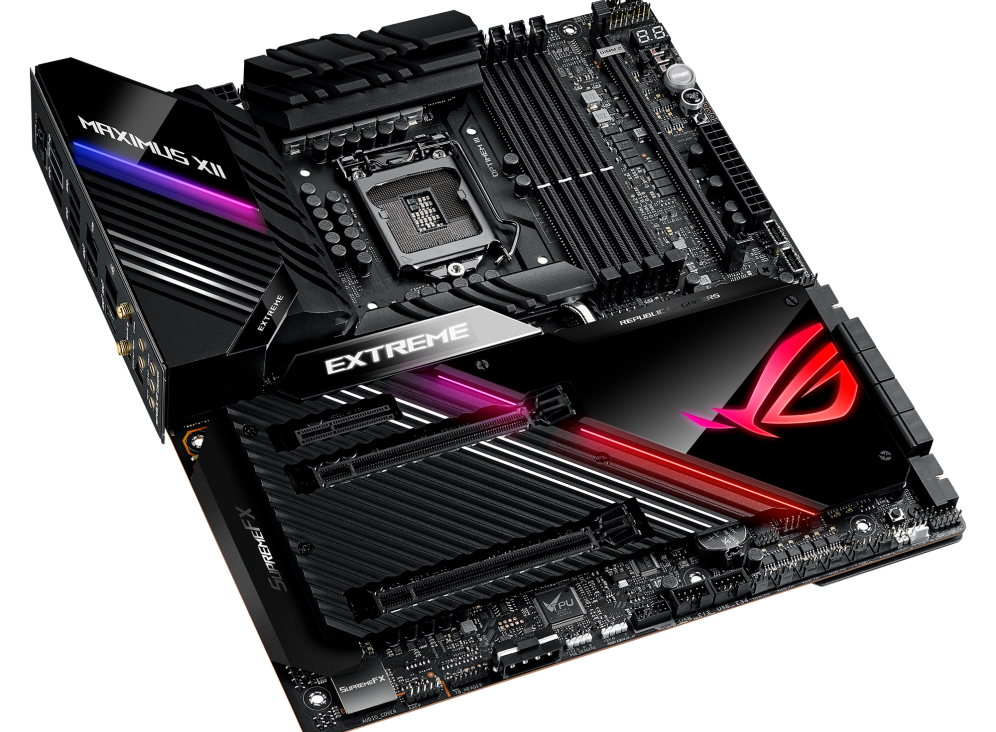 ROG MAXIMUS XII EXTREME top and angled view from left