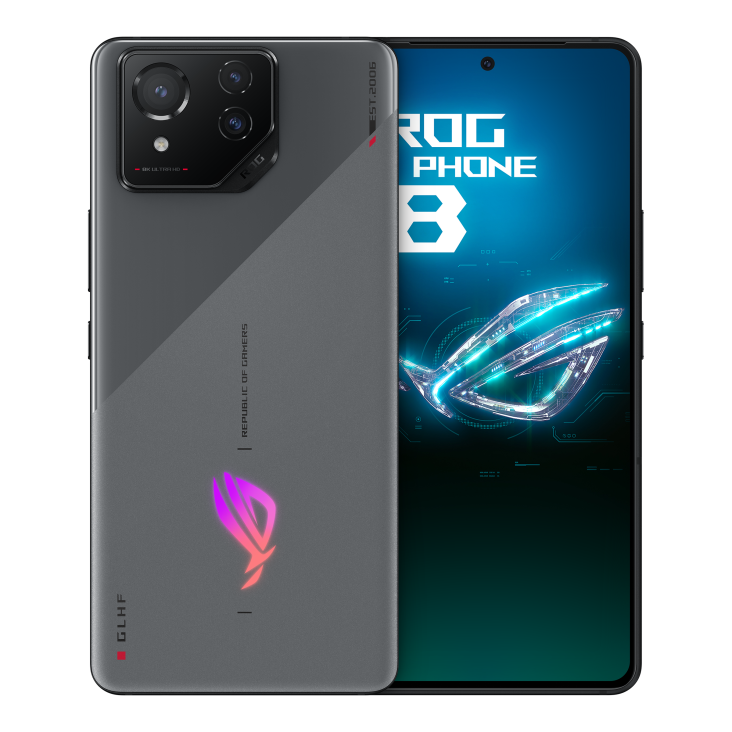 Two ROG Phone 8 in Rebel Grey angled view from both front and back