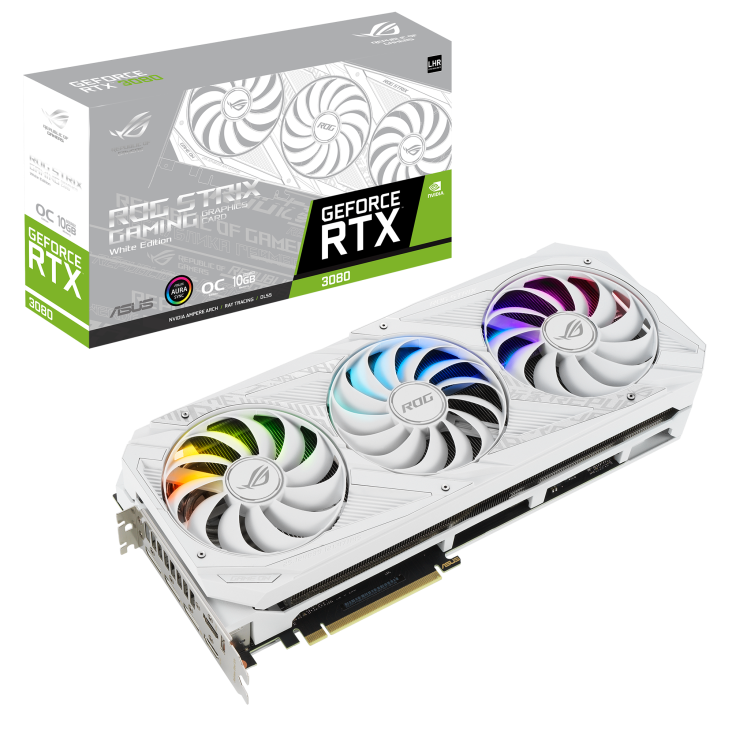 ROG-STRIX-RTX3080-O10G-WHITE-V2 graphics card and packaging