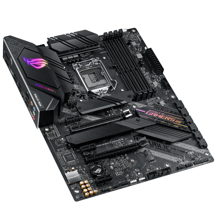 ROG STRIX B460-F GAMING top and angled view from left