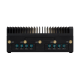 A black computer is shown from the front, featuring two unique expansion slots that offer diverse connectivity options.