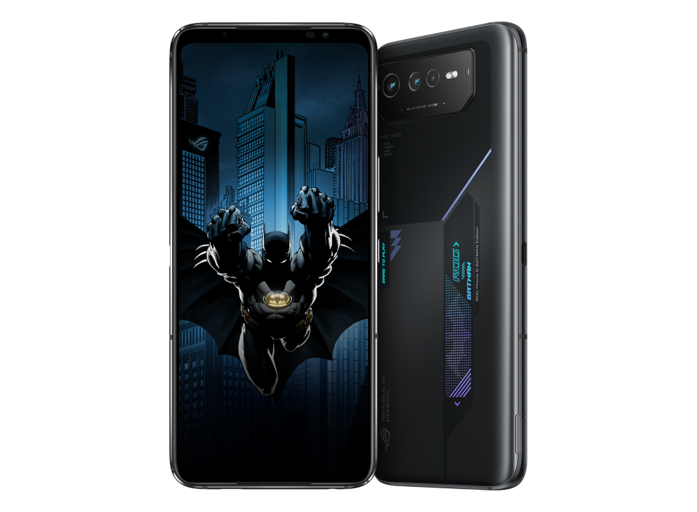 ROG Phone 6 BATMAN Edition angled view from front and the other BATMAN Edition angled view from back, tilting at 45 degrees