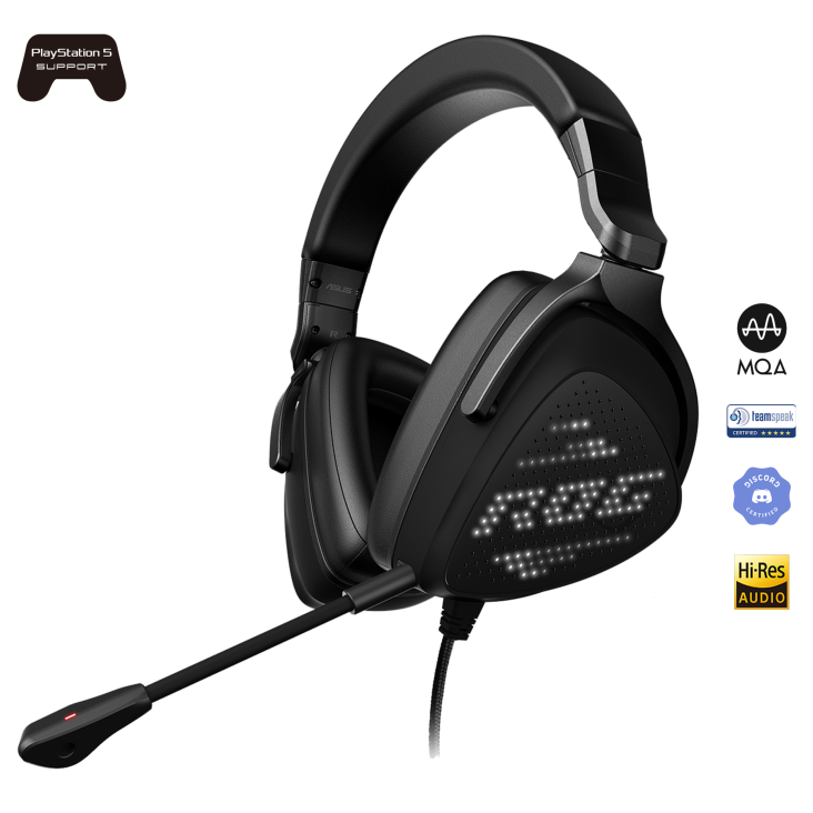 ROG Delta S Animate with icons with PS5, MQA, Discord, TeamSpeak, and Hi-Res logo
