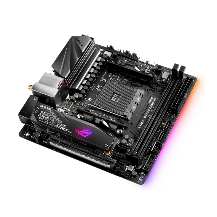 ROG STRIX X470-I GAMING GAMING top and angled view from right