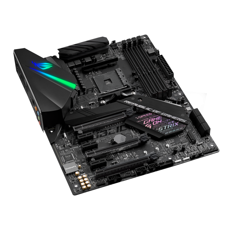 ROG STRIX X470-F GAMING top and angled view from left