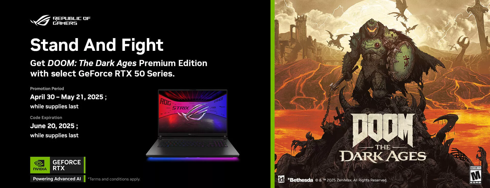 NV RTX game bundle details description and ROG laptop image are featured on the left side. while DOOM's poster like game key visual is on the right side