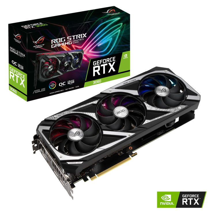ROG-STRIX-RTX3060-O12G-GAMING graphics card and packaging with NVIDIA logo