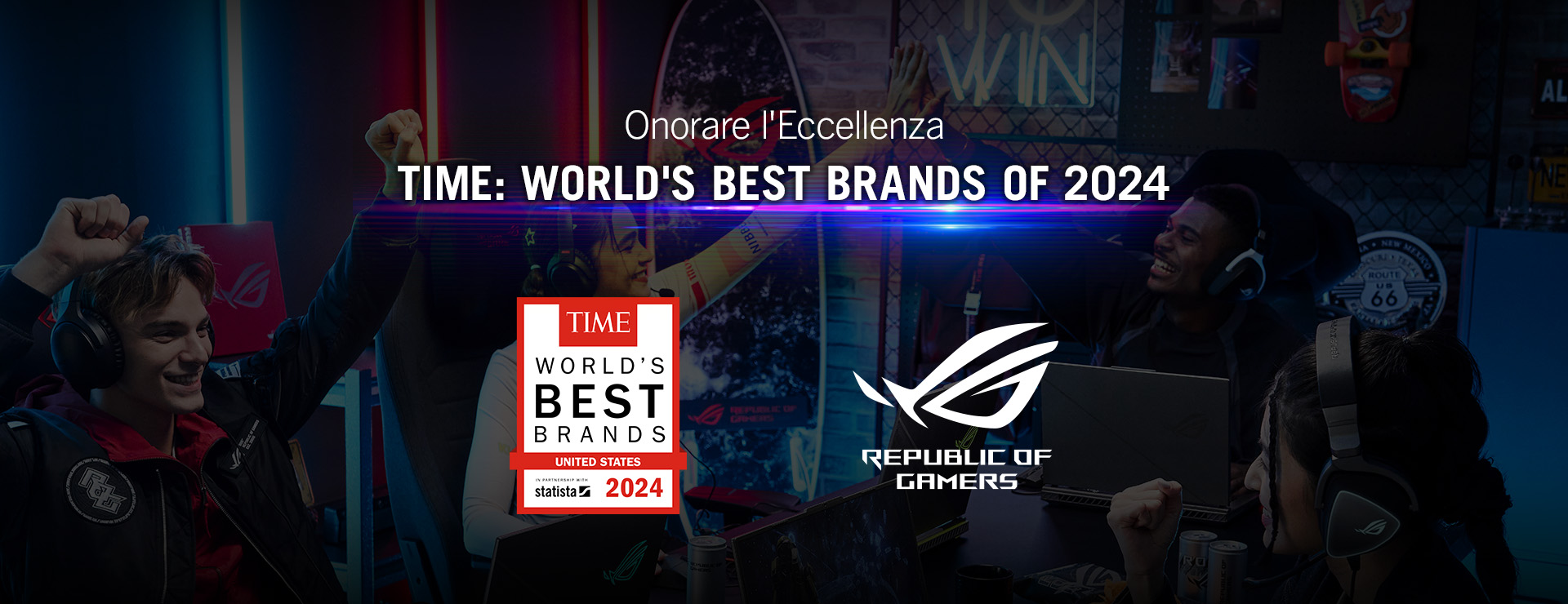 Nell'immagine si vede un gruppo di persone che giocano ai videogiochi, indossando cuffie e sedute attorno a una scrivania con computer. Sullo sfondo, c'è il logo Republic of Gamers e la scritta TIME: WORLD'S BEST BRANDS OF 2024.