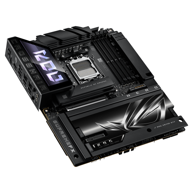 ROG CROSSHAIR X870E HERO BTF angled view from left
