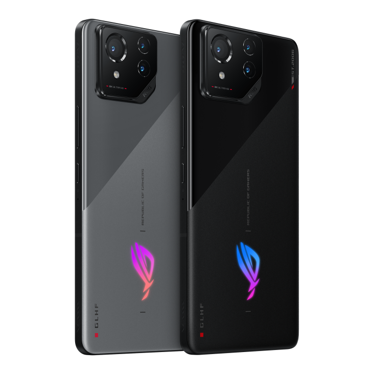 Two ROG Phone 8 in both Phantom Black and Rebel Grey angled view from back, tilting at 45 degrees