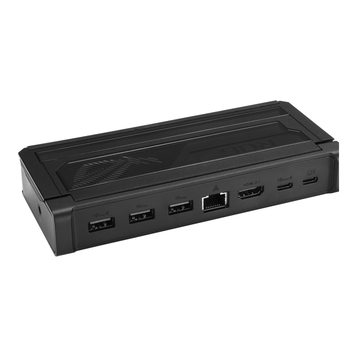Detailed view of a ROG docking station, highlighting the textured surface and port labels