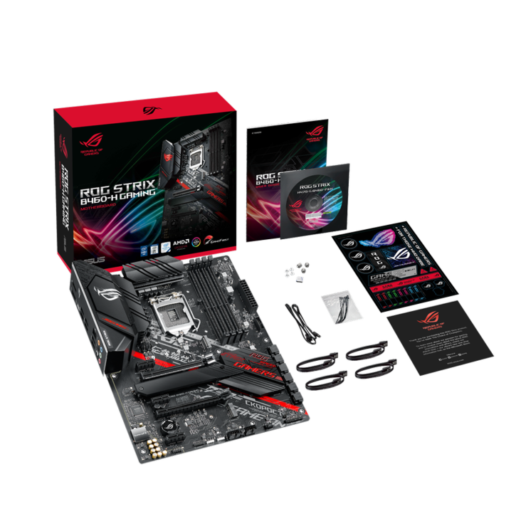 ROG STRIX B460-H GAMING top view with what’s inside the box