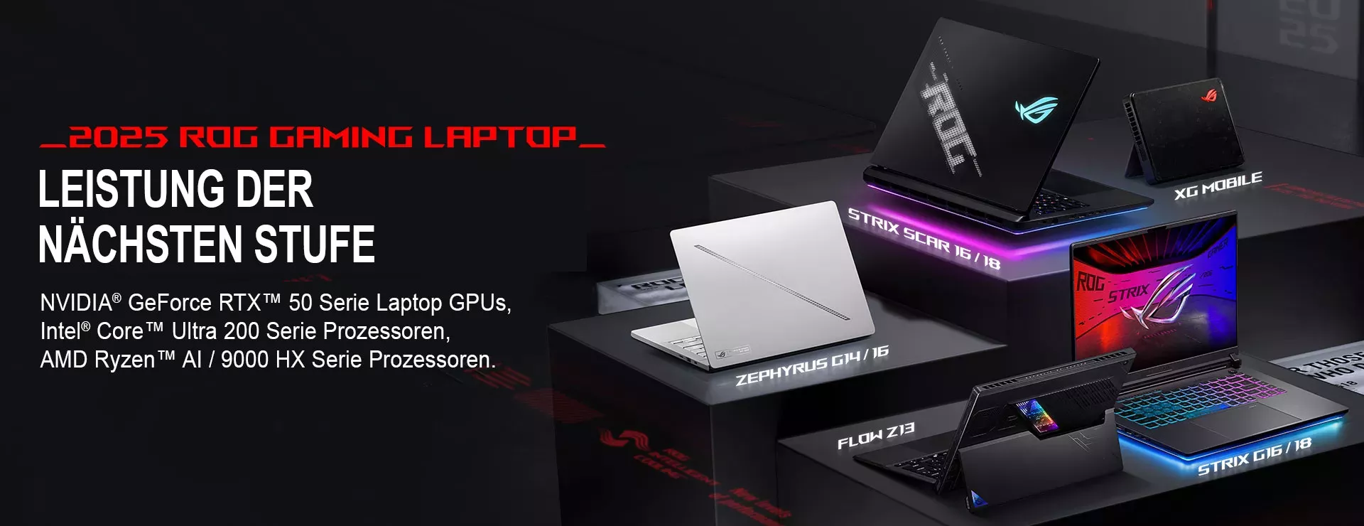 The image showcases the 2025 ROG Gaming Laptops, including Zephyrus G16 in White with the slash on A part, Strix SCAR with an Anime Vision and ROG Logo, the Strix G facing the camera, XG Mobile with the lighten ROG logo, Flow Z13, emphasizing "New Levels of Performance.
