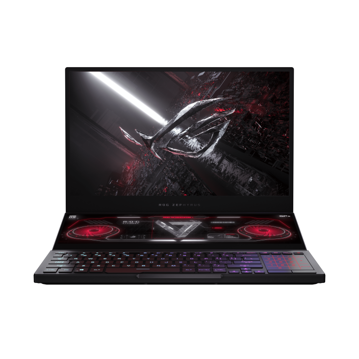 ROG Zephyrus Duo 15 Special Edition front view with the ROG Fearless Eye logo on screen.