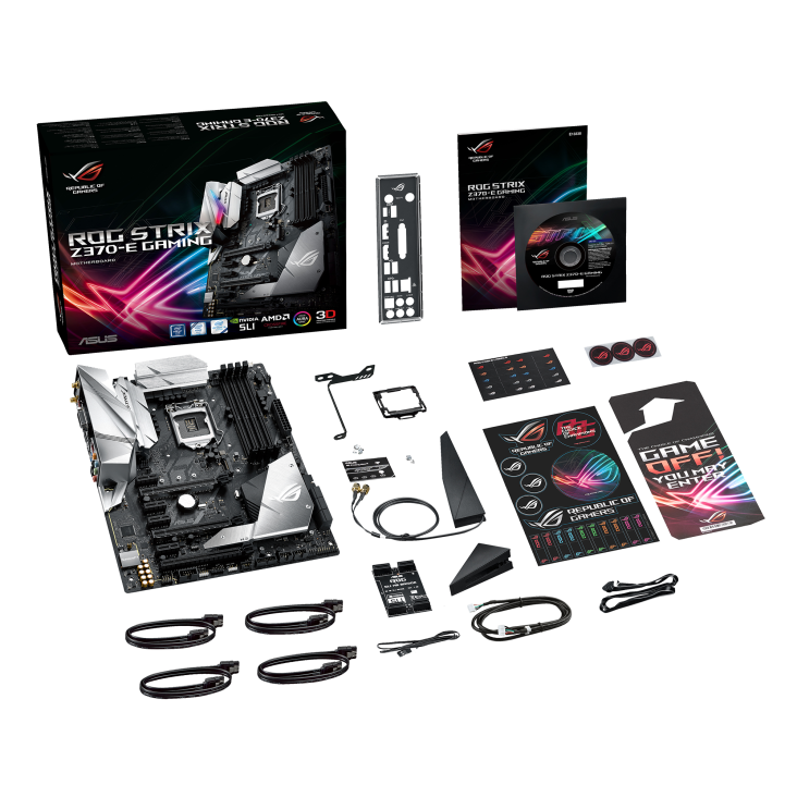 ROG STRIX Z370-E GAMING top view with what’s inside the box
