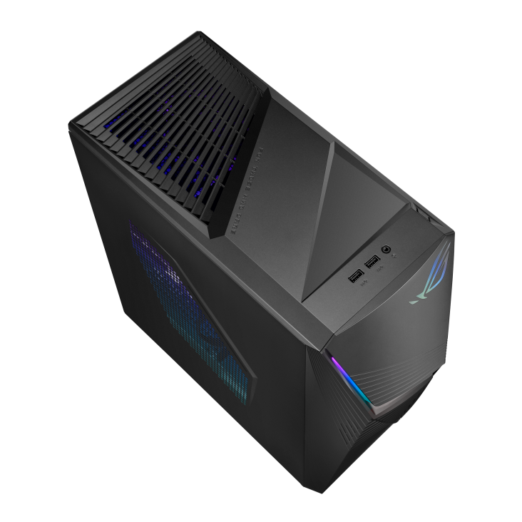 Top down view of the ROG STRIX G13CHR with power bottom, two type A, a type C and a headphone jack visible