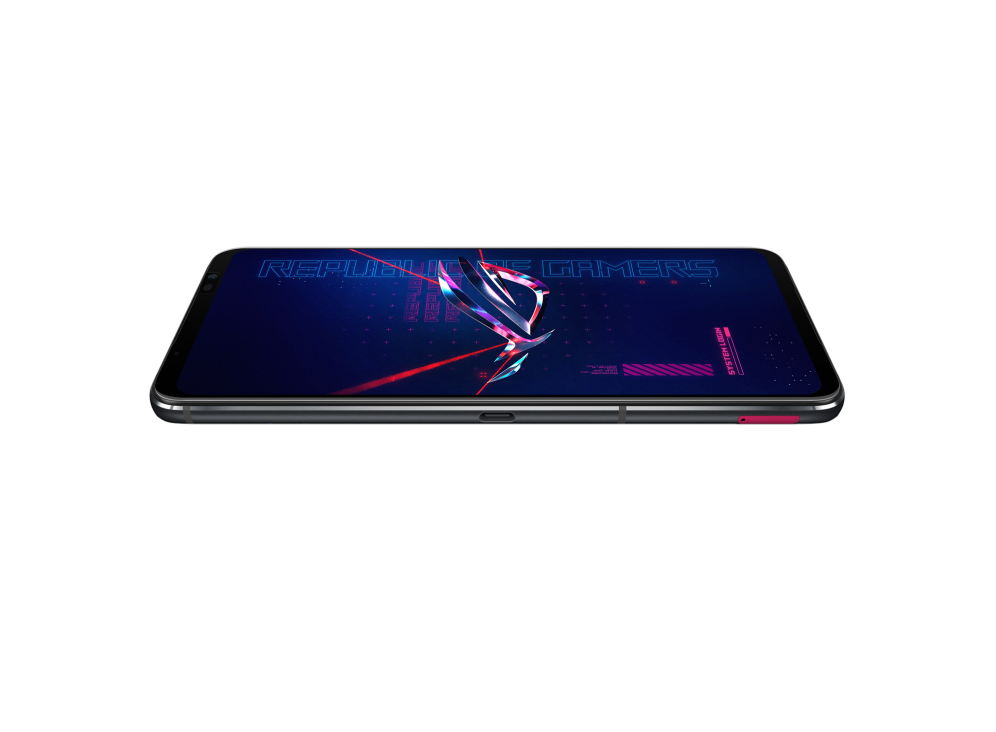 Glass Screen Protector with a ROG Phone 6 angled view from front in landscape orientation