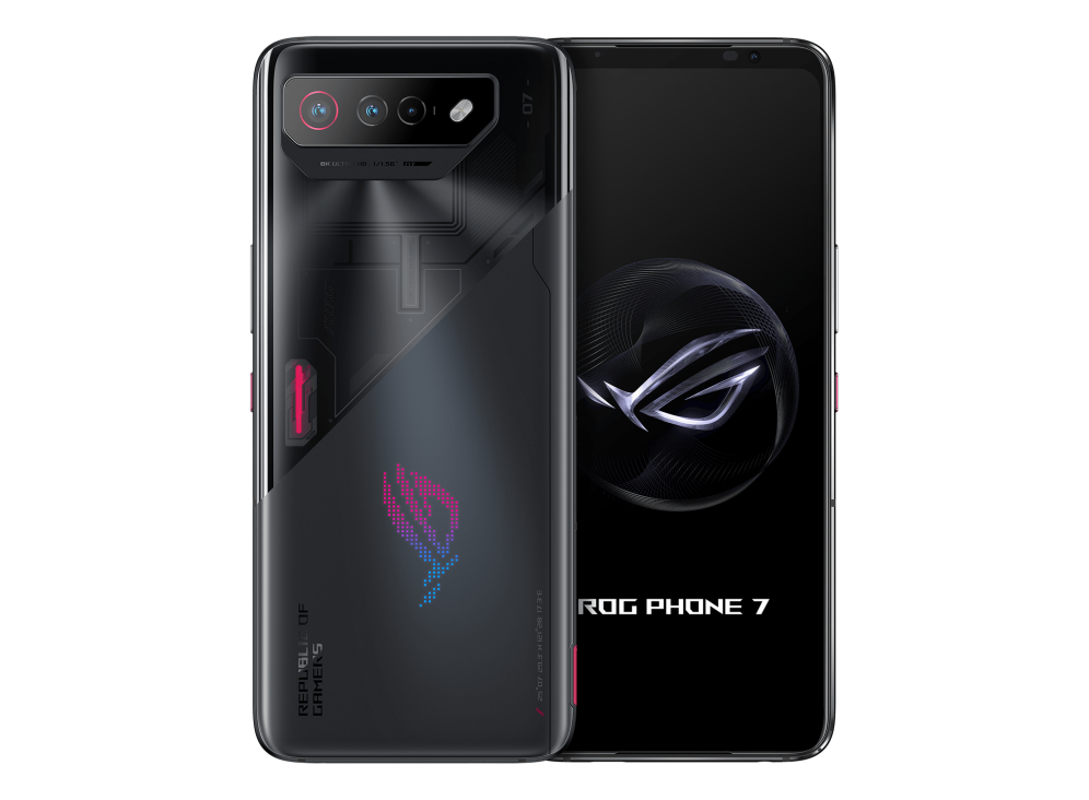 Two ROG Phone 7 in Phantom Black angled view from both front and back