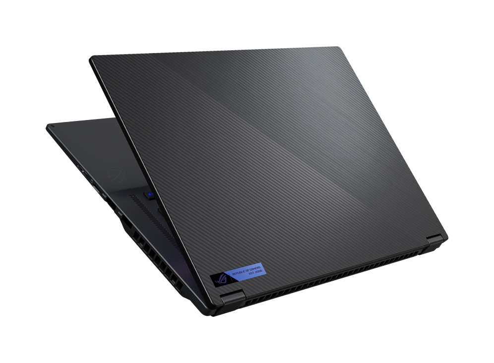 Rear view of the ROG Flow X16, with the lid slightly open.