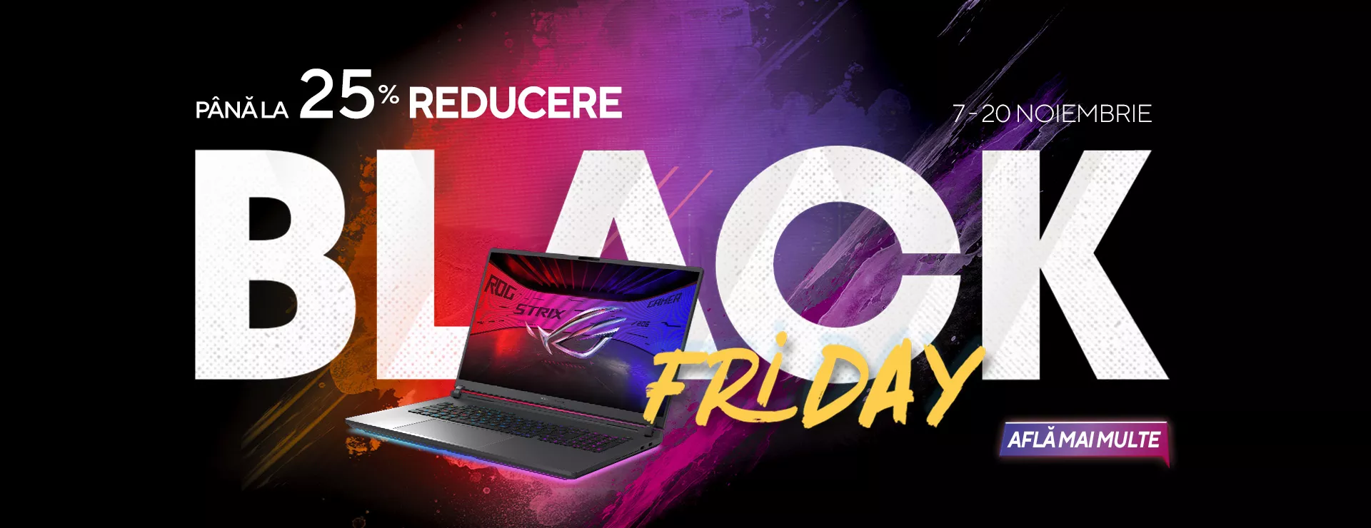 Oferta de black friday, laptop de gaming suprapus pe textul mare BLACK FRIDAY si reducere de 25%