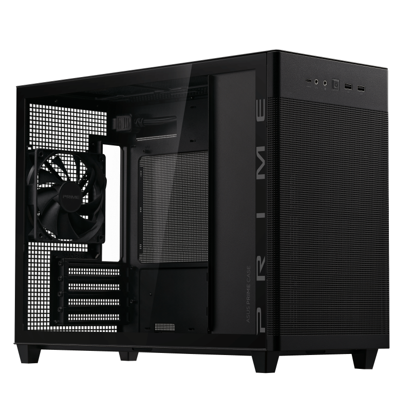 ASUS Prime AP201 Tempered Glass Black case angled shot showing the front and left side