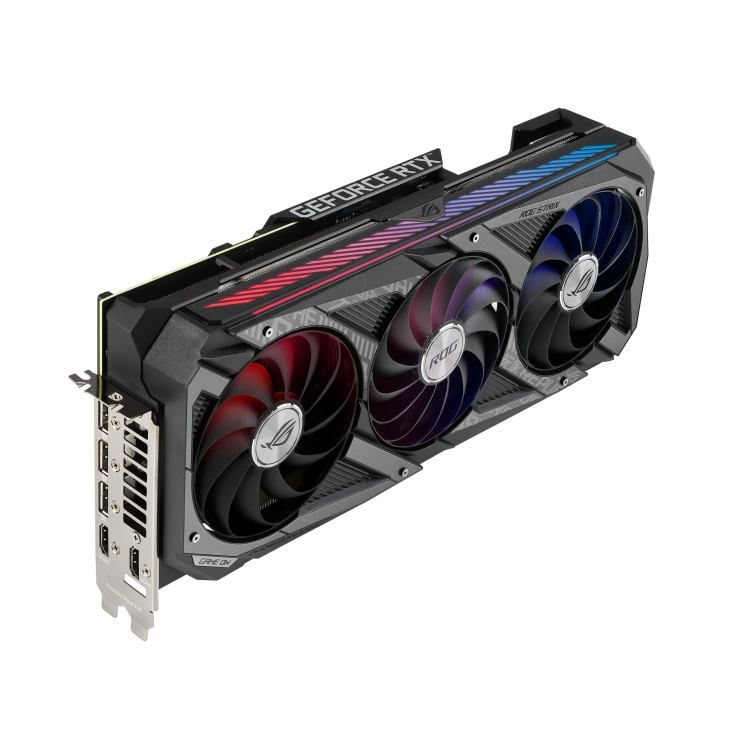 ROG-STRIX-RTX3080-10G-V2-GAMING graphics card, angled top down view, highlighting the fans, ARGB element, and I/O ports