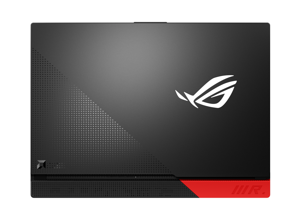 Top down view of the ROG Strix G15 Advantage Edition with the lid closed, with emphasis on the red Armor Cap.
