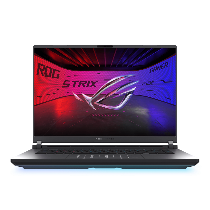 Front view of the Strix G16, with the ROG Fearless Eye logo visible on screen and the keyboard visible