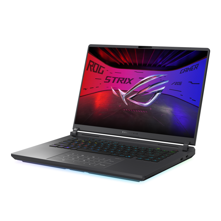 Off center shot of the front of the Strix G16, with the ROG Fearless Eye logo on screen