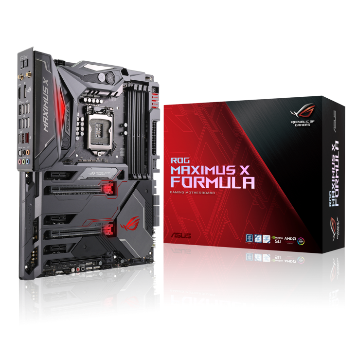 ROG MAXIMUS X FORMULA angled view from left with the box