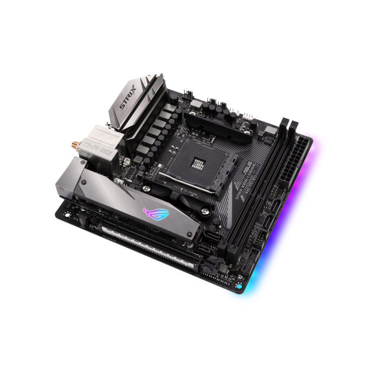 ROG STRIX X370-I GAMING top and angled view from right, with AURA lighting