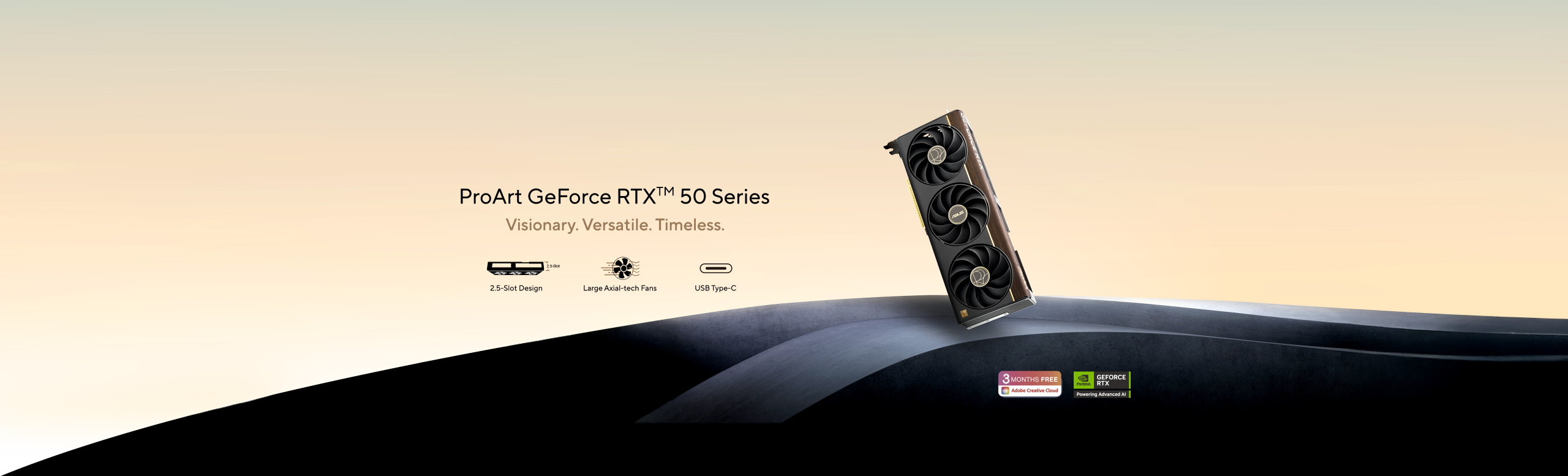 ProArt GeForce RTX™ 5080 graphics card floating in a war color background with concrete foundation​