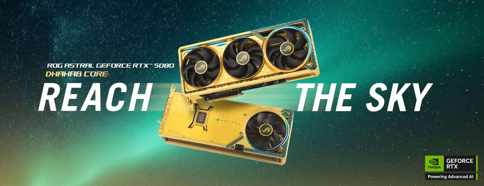 ROG Astral GeForce RTX 5080 Dhahab CORE front view and rear view floating in green starry galaxy
