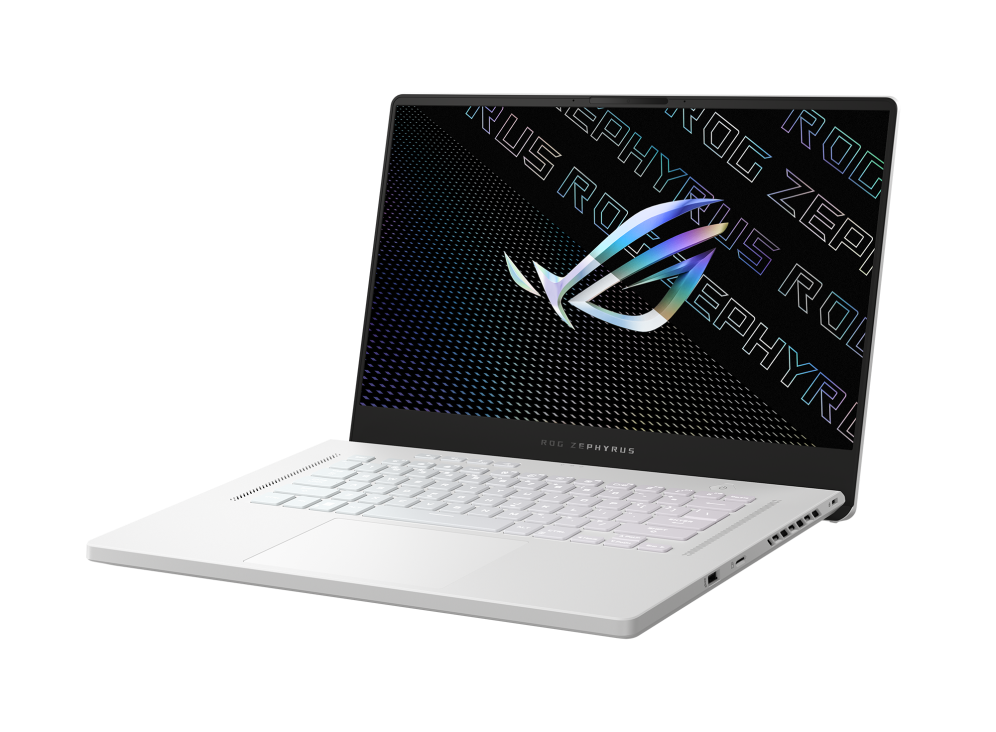 Off center front view of a white Zephyrus G15, with the ROG logo visible on screen.