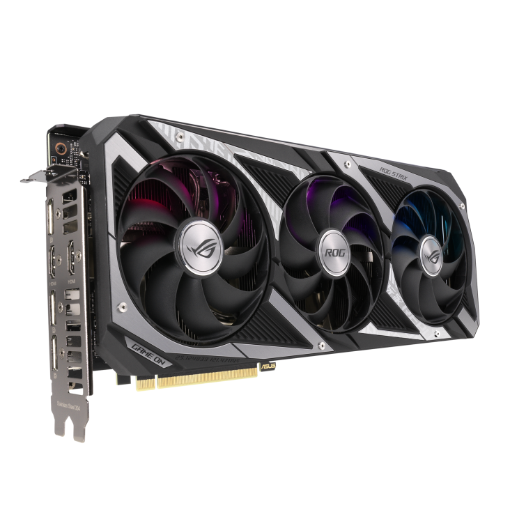 ROG-STRIX-RTX3060-12G-V2-GAMING graphics card, angled top down view, highlighting the fans, ARGB element, and I/O ports