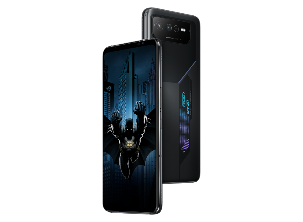 ROG Phone 6 BATMAN Edition angled view from front and the other BATMAN Edition angled view from back, tilting at 45 degrees