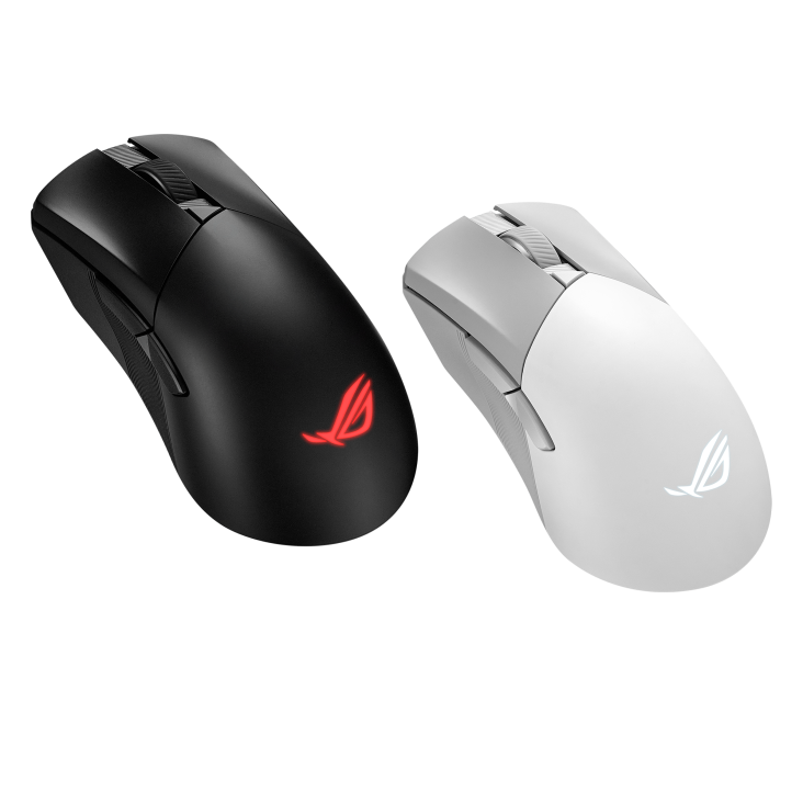 Angled side view of the black and white ROG Gladius III Wireless AimPoint placed side by side together