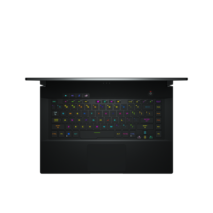 Top down view of a Zephyrus S15 with the keyboard illuminated.
