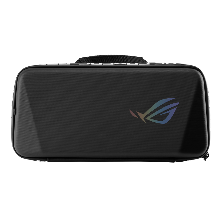 A black carrying case with a textured surface and a colorful ROG logo on top