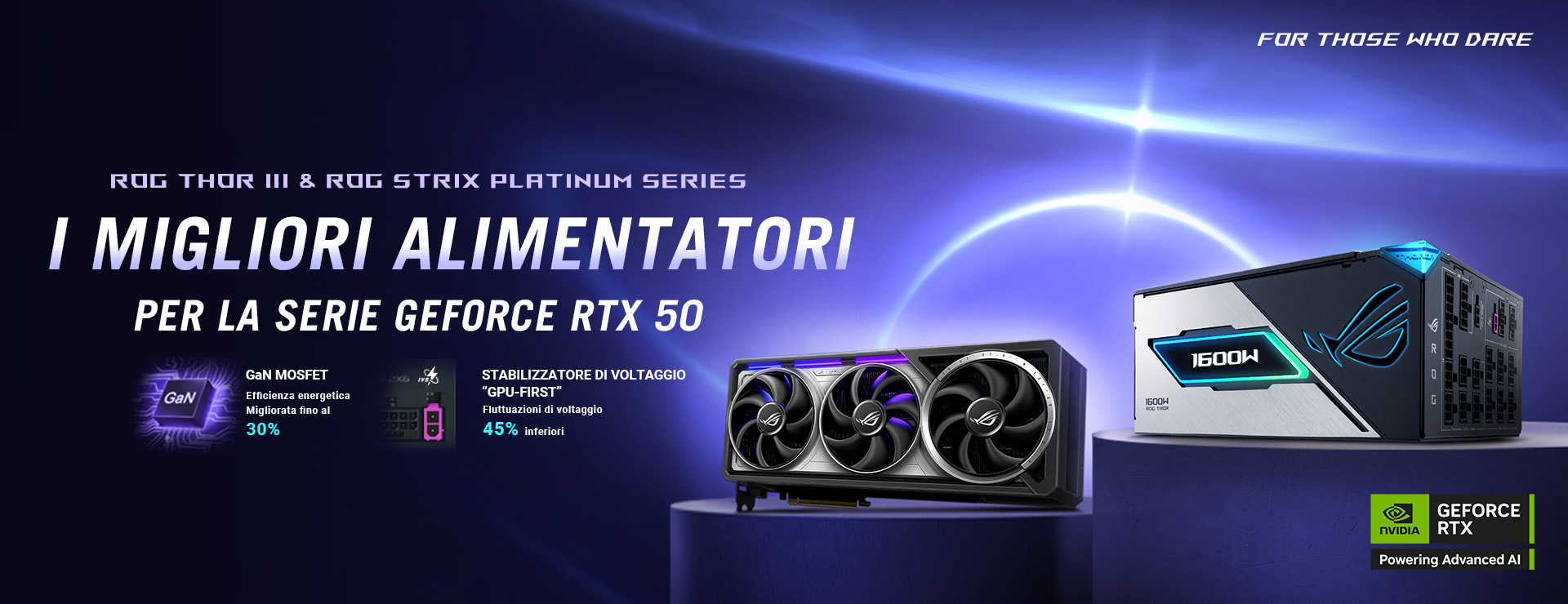L'immagine presenta una promozione di alimentatori della serie ROG Thor III e ROG Strix Platinum, descritti come I migliori alimentatori per la serie GeForce RTX 50