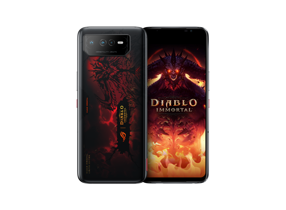 Two ROG Phone 6 Diablo Immortal Edition in hellfire red angled view from both front and back